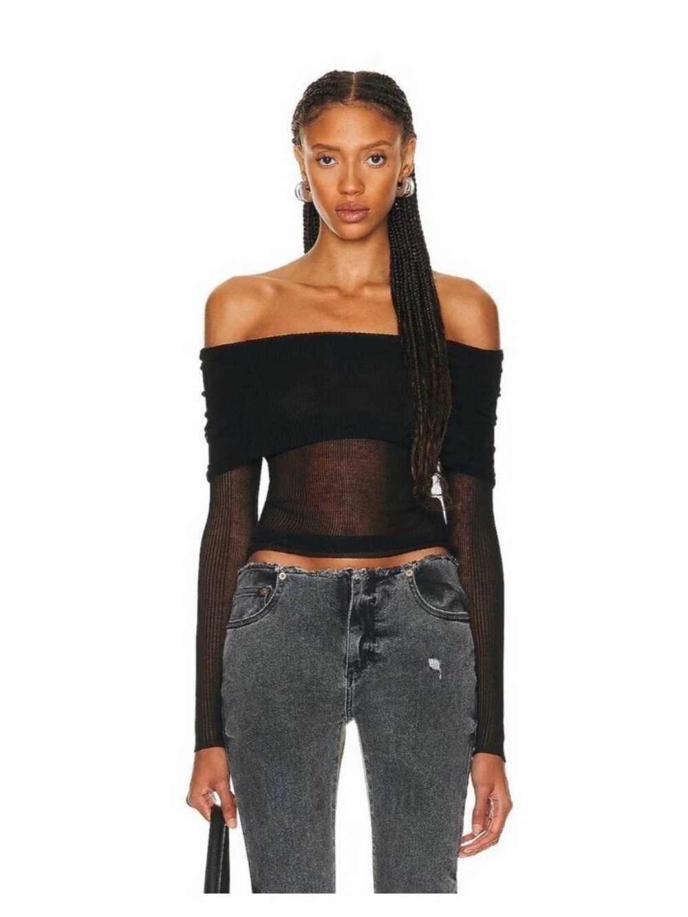 SER.O.YA Black Off-Shoulder Sheer Knit Crop Top